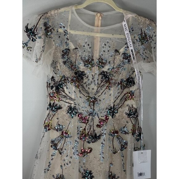 Mac Duggal 20510 Flutter Sleeve High Neck Embellished Tea Length Dress Sz 8 Nude - Picture 3 of 6
